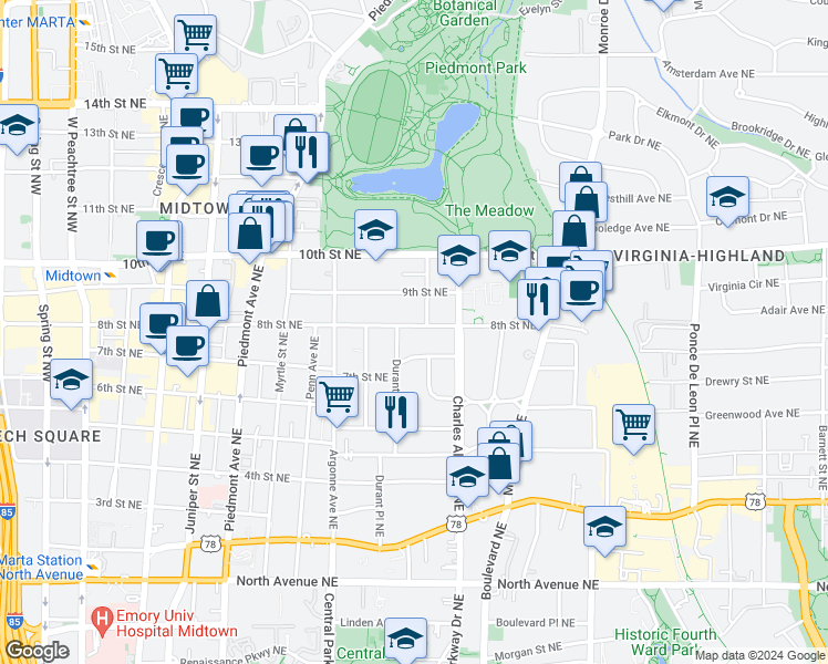 map of restaurants, bars, coffee shops, grocery stores, and more near 385 8th Street Northeast in Atlanta