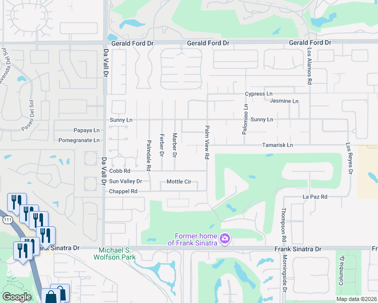 map of restaurants, bars, coffee shops, grocery stores, and more near 70377 Tamarisk Lane in Rancho Mirage