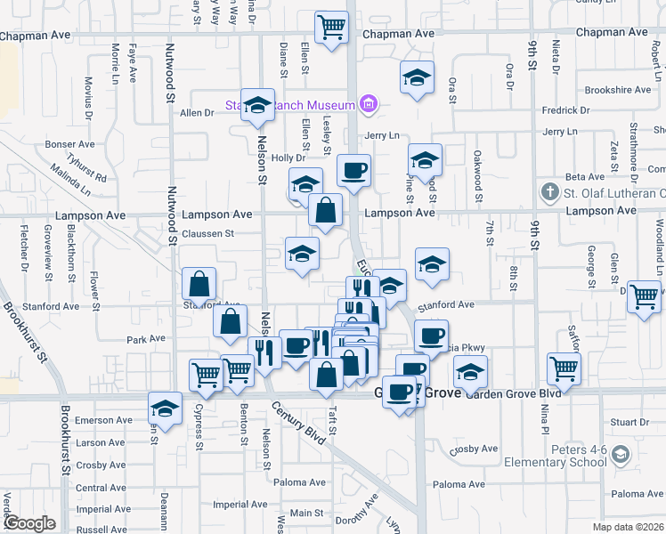 map of restaurants, bars, coffee shops, grocery stores, and more near 12555 South Euclid Street in Garden Grove