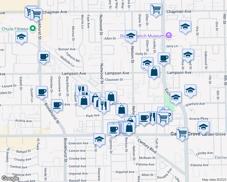 map of restaurants, bars, coffee shops, grocery stores, and more near 10560 Lakeside Drive North in Garden Grove