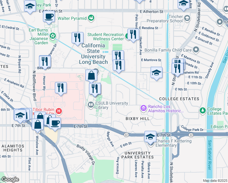 map of restaurants, bars, coffee shops, grocery stores, and more near 925 Hillside Drive in Long Beach