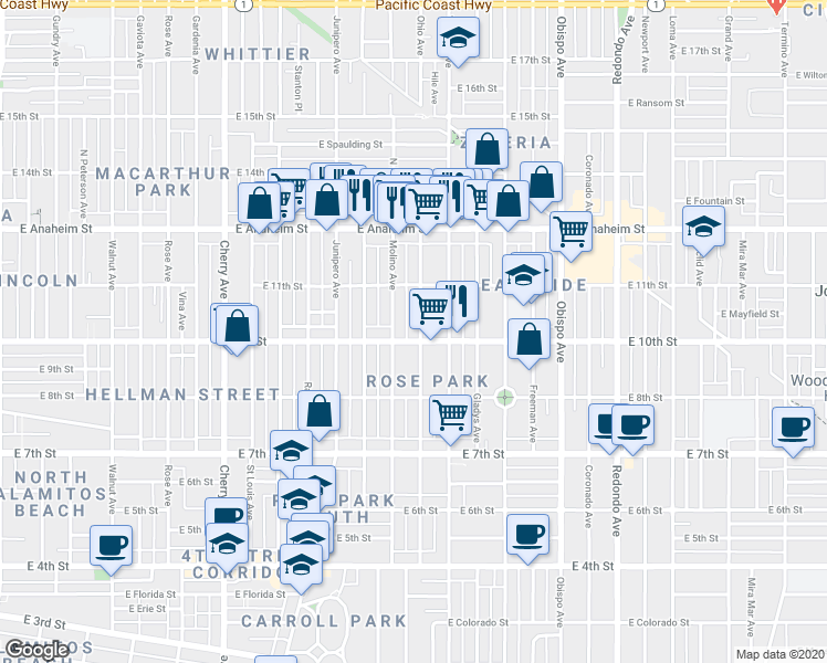 map of restaurants, bars, coffee shops, grocery stores, and more near 1050 Molino Avenue in Long Beach