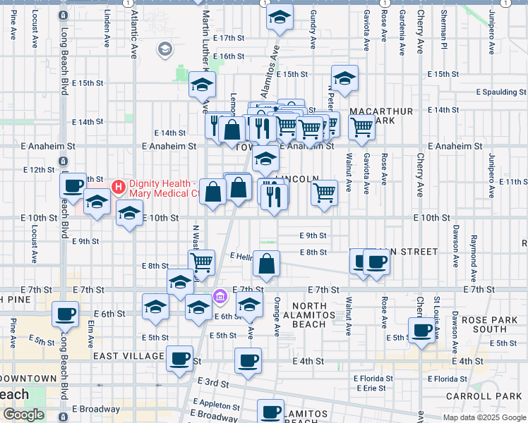 map of restaurants, bars, coffee shops, grocery stores, and more near 1053 Cerritos Avenue in Long Beach