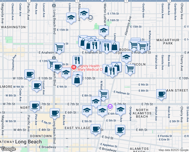 map of restaurants, bars, coffee shops, grocery stores, and more near 1047 Myrtle Avenue in Long Beach