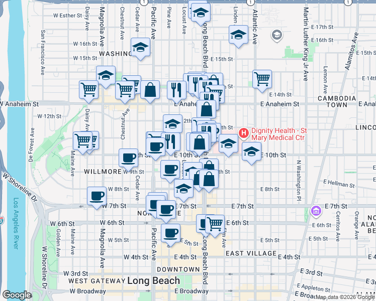 map of restaurants, bars, coffee shops, grocery stores, and more near 1044 Locust Avenue in Long Beach