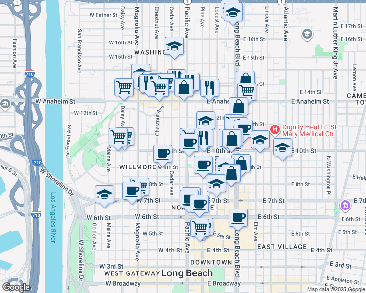 map of restaurants, bars, coffee shops, grocery stores, and more near 1059 Pacific Avenue in Long Beach