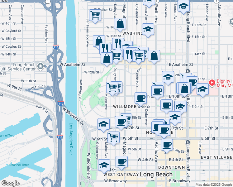 map of restaurants, bars, coffee shops, grocery stores, and more near 514 West 11th Street in Long Beach
