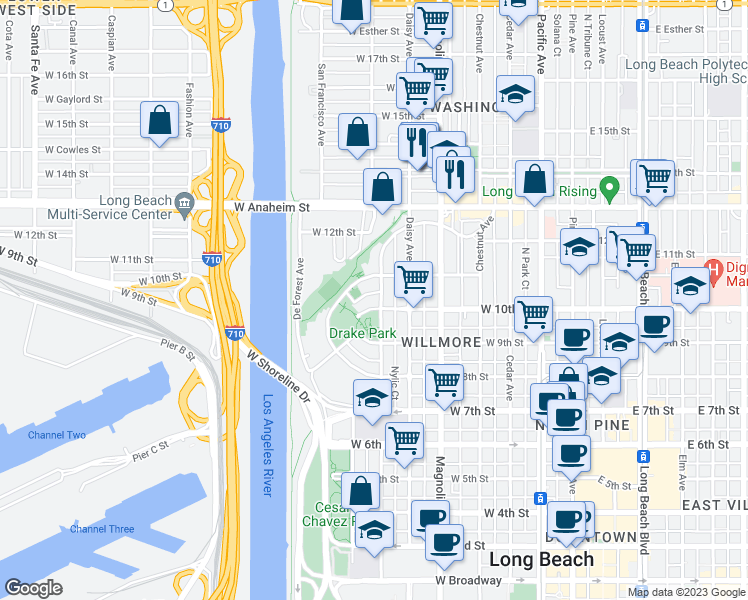 map of restaurants, bars, coffee shops, grocery stores, and more near 1099-1025 North Loma Vista Drive in Long Beach
