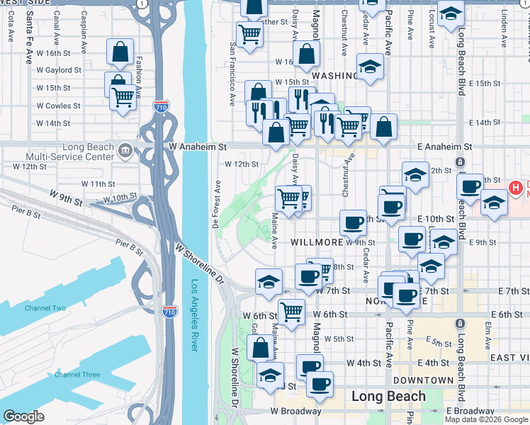 map of restaurants, bars, coffee shops, grocery stores, and more near 1099-1025 North Loma Vista Drive in Long Beach