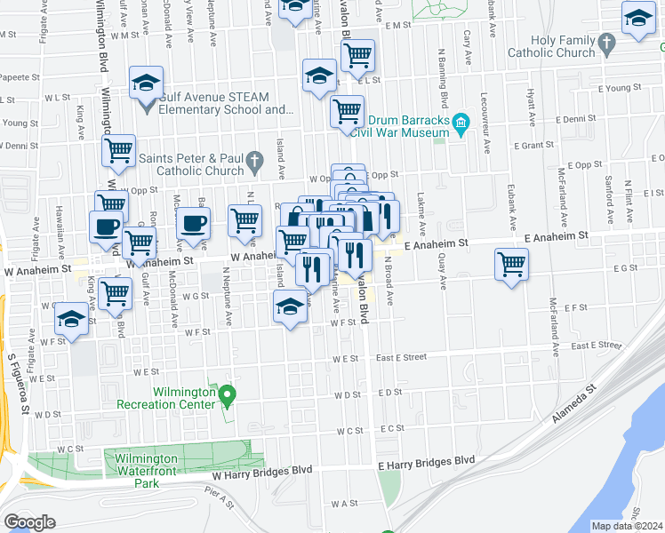 map of restaurants, bars, coffee shops, grocery stores, and more near 215 West Anaheim Street in Los Angeles