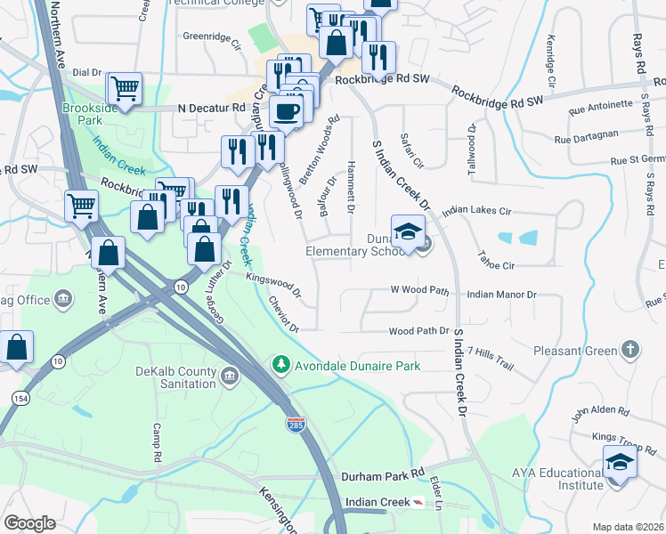 map of restaurants, bars, coffee shops, grocery stores, and more near 3838 Danbury Lane in Decatur
