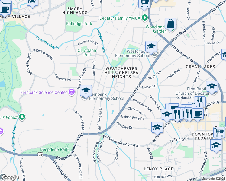 map of restaurants, bars, coffee shops, grocery stores, and more near 112 Kathryn Avenue in Decatur