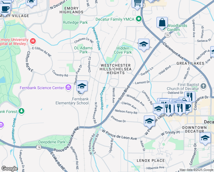 map of restaurants, bars, coffee shops, grocery stores, and more near 112 Kathryn Avenue in Decatur