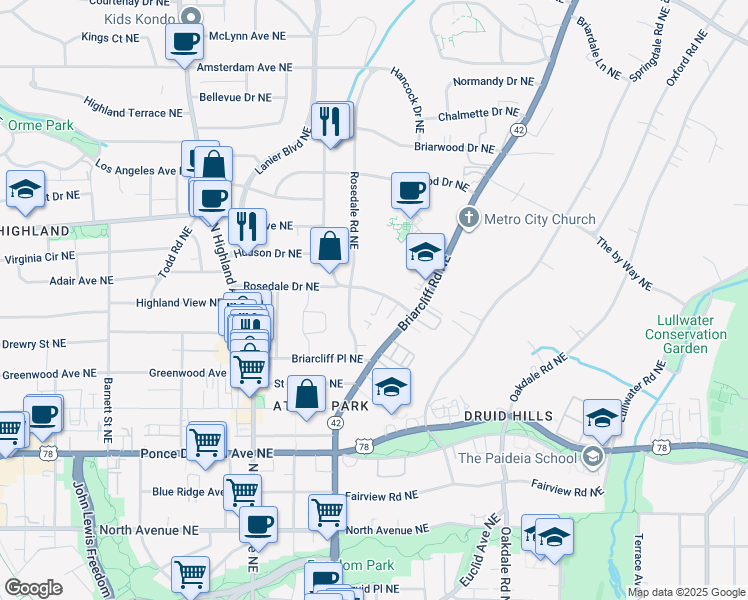 map of restaurants, bars, coffee shops, grocery stores, and more near 933 Rosedale Road Northeast in Atlanta