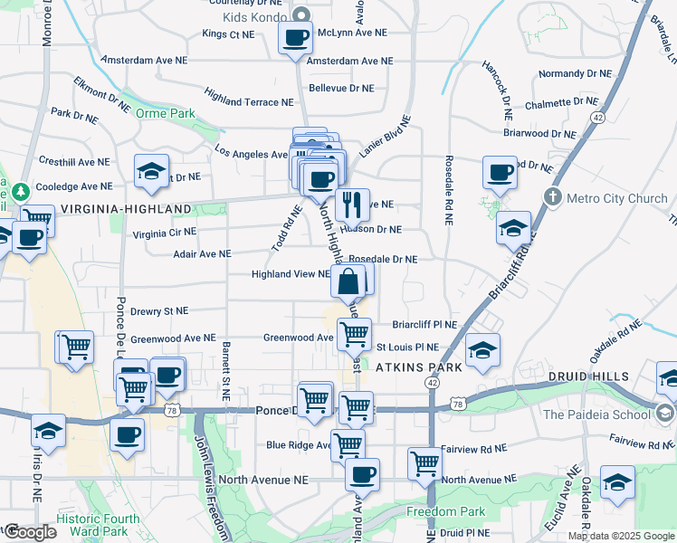 map of restaurants, bars, coffee shops, grocery stores, and more near 908 North Highland Avenue Northeast in Atlanta