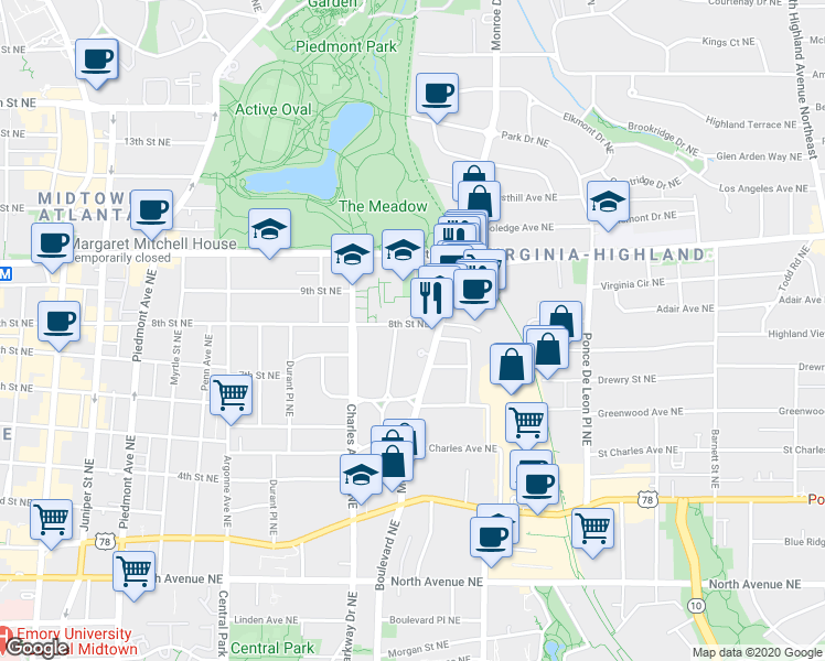 map of restaurants, bars, coffee shops, grocery stores, and more near 930 Monroe Drive Northeast in Atlanta