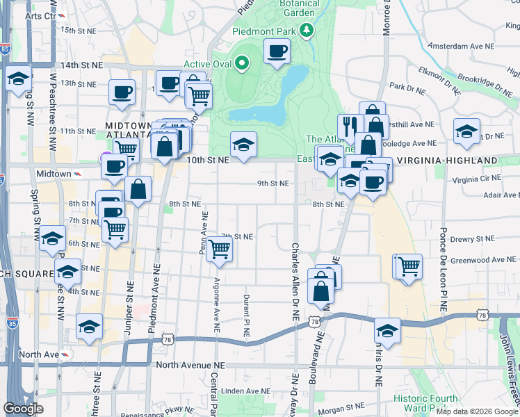 map of restaurants, bars, coffee shops, grocery stores, and more near 378 8th Street Northeast in Atlanta