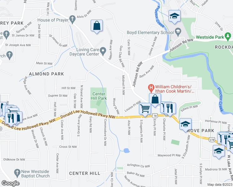 map of restaurants, bars, coffee shops, grocery stores, and more near 903 Wood Street Northwest in Atlanta