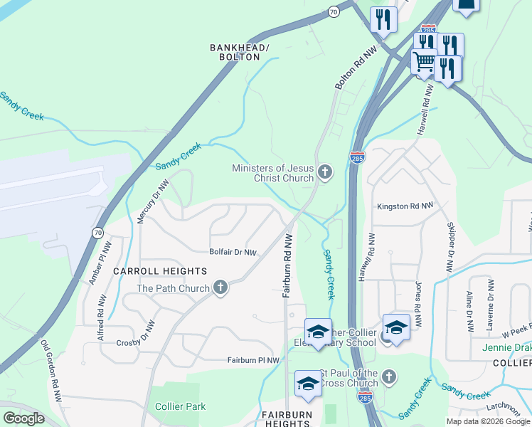 map of restaurants, bars, coffee shops, grocery stores, and more near 887 Fairburn Road Northwest in Atlanta