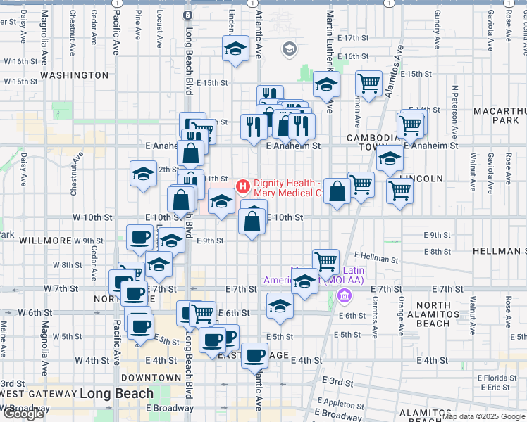 map of restaurants, bars, coffee shops, grocery stores, and more near 1012 Atlantic Avenue in Long Beach