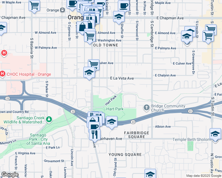 map of restaurants, bars, coffee shops, grocery stores, and more near 323 East River Avenue in Orange
