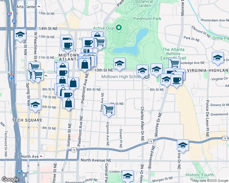map of restaurants, bars, coffee shops, grocery stores, and more near 323 8th Street Northeast in Atlanta