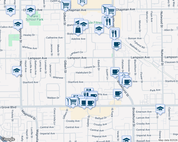map of restaurants, bars, coffee shops, grocery stores, and more near 9731 Halekulani Drive in Garden Grove