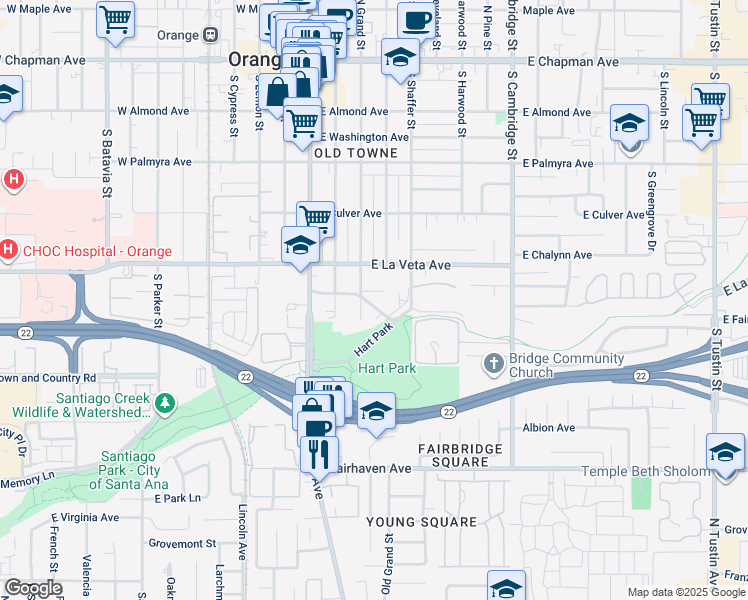 map of restaurants, bars, coffee shops, grocery stores, and more near 323 East River Avenue in Orange