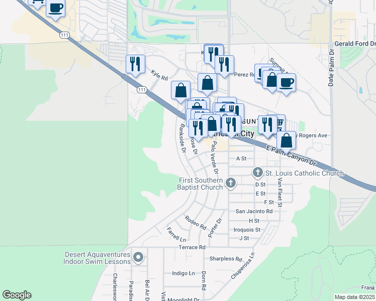 map of restaurants, bars, coffee shops, grocery stores, and more near 37070 Bankside Drive in Cathedral City