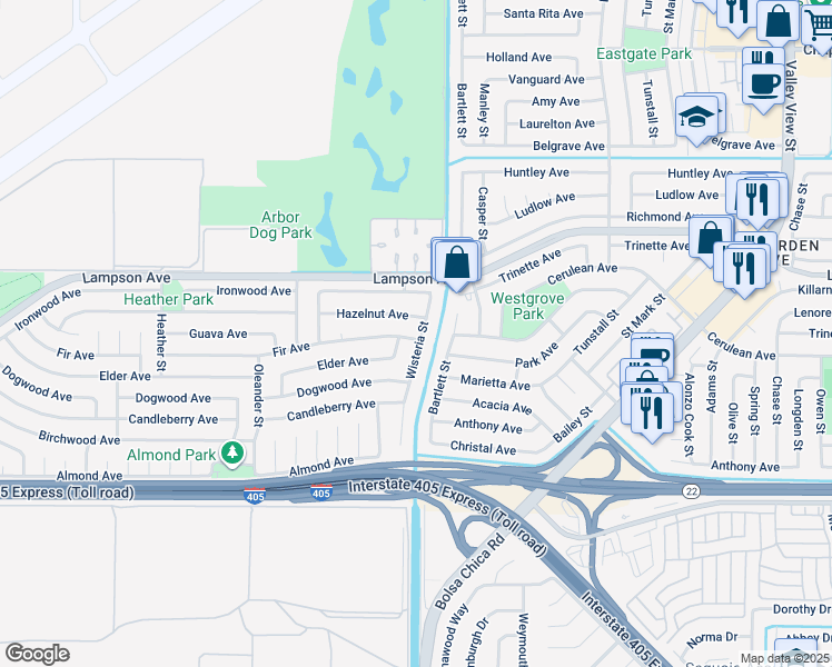 map of restaurants, bars, coffee shops, grocery stores, and more near 3831 Wisteria Street in Seal Beach