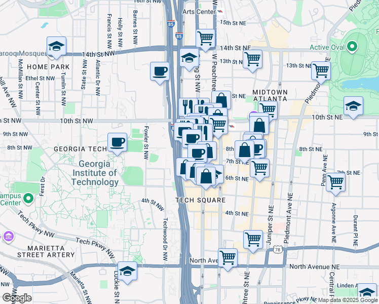 map of restaurants, bars, coffee shops, grocery stores, and more near 95 8th Street Northwest in Atlanta
