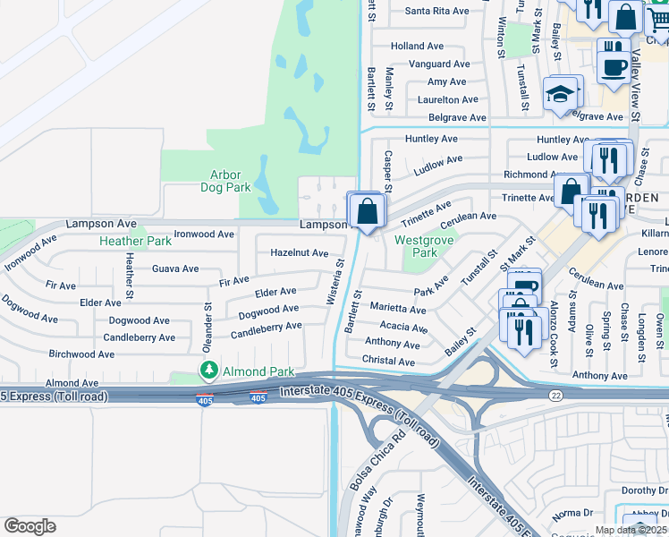 map of restaurants, bars, coffee shops, grocery stores, and more near 3831 Wisteria Street in Seal Beach