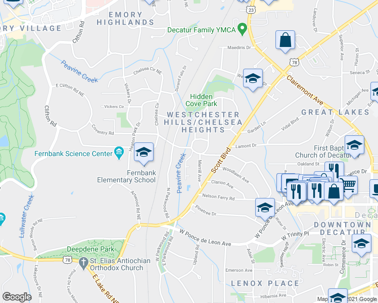 map of restaurants, bars, coffee shops, grocery stores, and more near 606 Coventry Road in Decatur