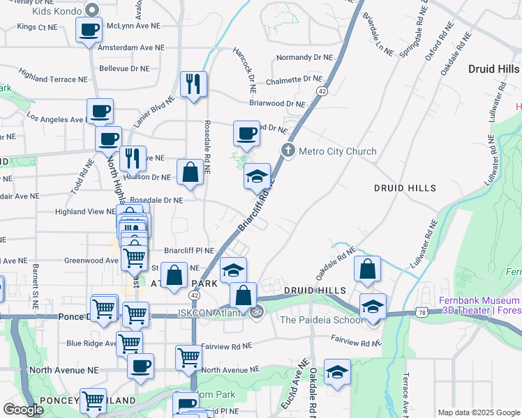 map of restaurants, bars, coffee shops, grocery stores, and more near 938 Briarcliff Road Northeast in Atlanta
