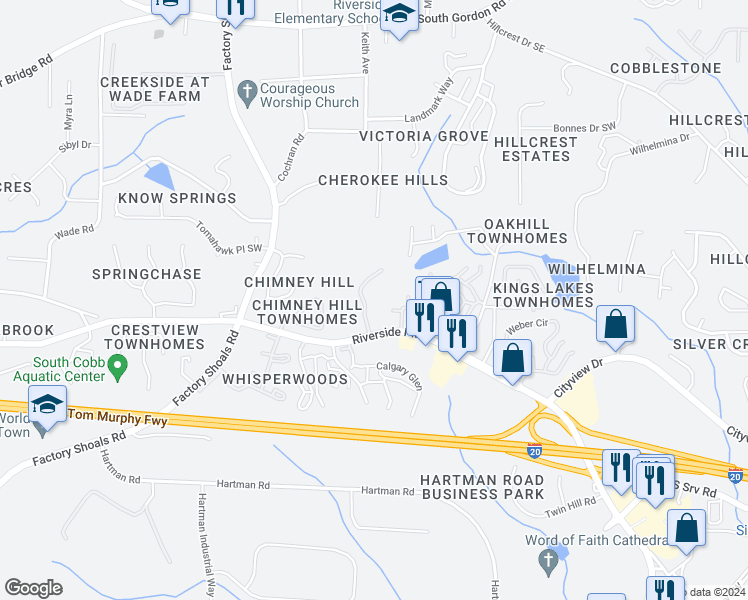 map of restaurants, bars, coffee shops, grocery stores, and more near 490 Six Flags Drive in Austell
