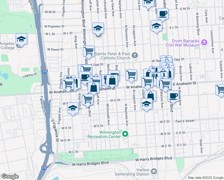 map of restaurants, bars, coffee shops, grocery stores, and more near 716 West Anaheim Street in Los Angeles