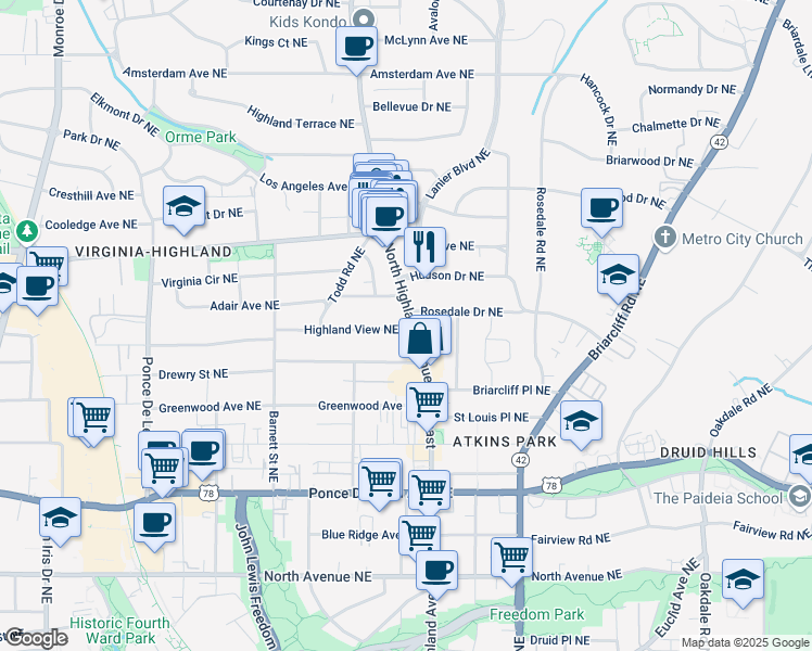 map of restaurants, bars, coffee shops, grocery stores, and more near 908 North Highland Avenue Northeast in Atlanta