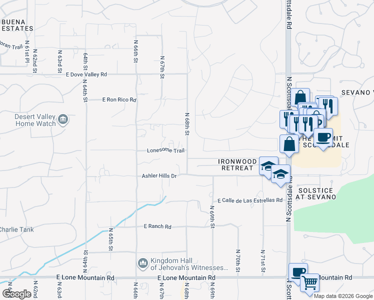 map of restaurants, bars, coffee shops, grocery stores, and more near 5053 Lonesome Trail in Cave Creek