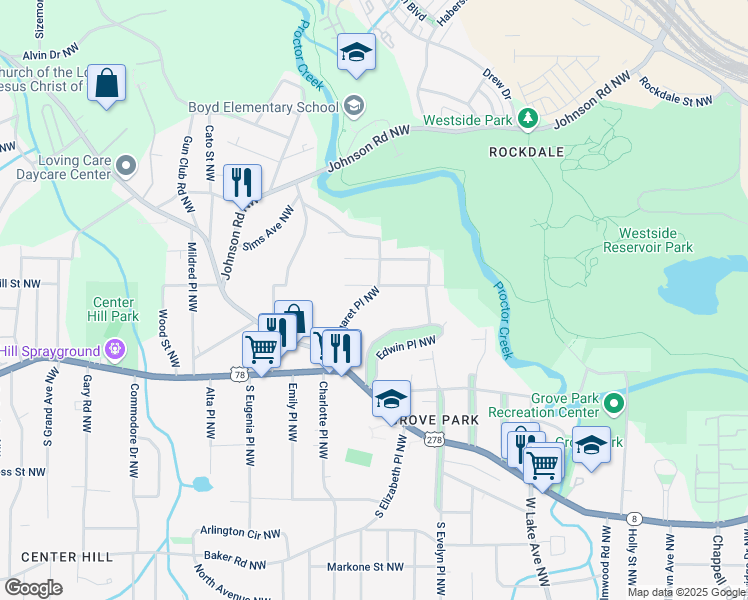 map of restaurants, bars, coffee shops, grocery stores, and more near 909 Margaret Place Northwest in Atlanta
