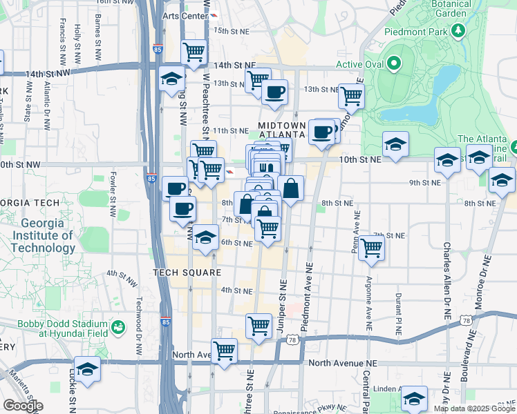 map of restaurants, bars, coffee shops, grocery stores, and more near 900 Peachtree Street Northeast in Atlanta