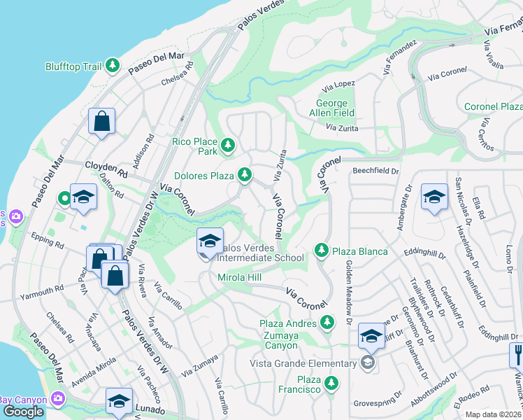 map of restaurants, bars, coffee shops, grocery stores, and more near 1825 Vía Estudillo in Palos Verdes Estates