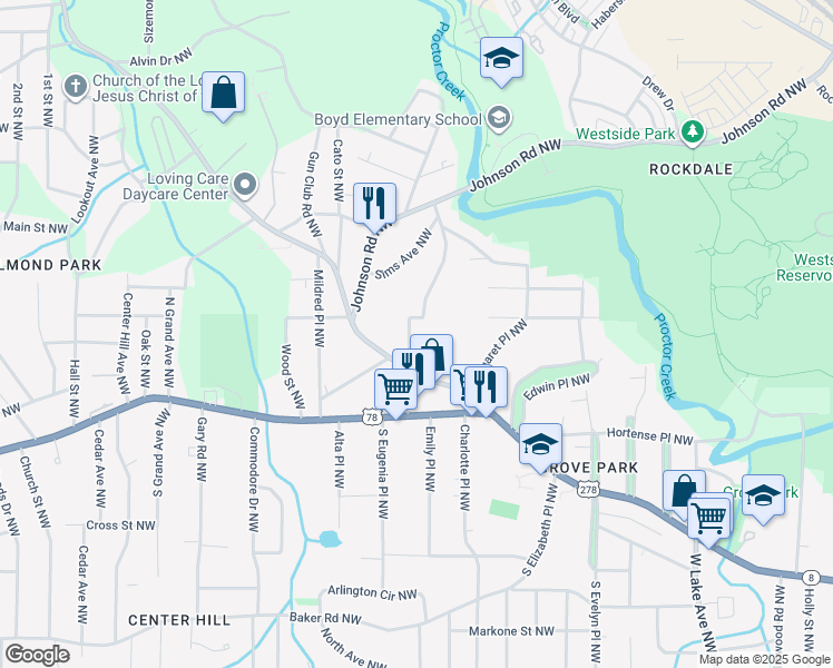 map of restaurants, bars, coffee shops, grocery stores, and more near 921 North Eugenia Place Northwest in Atlanta