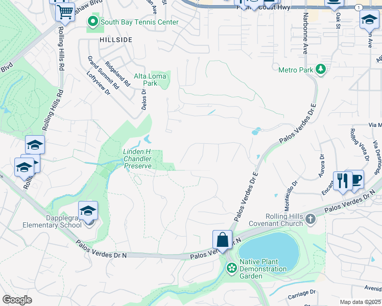 map of restaurants, bars, coffee shops, grocery stores, and more near 25 Club View Lane in Rolling Hills Estates