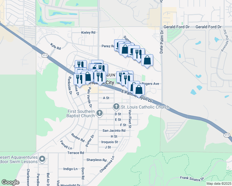 map of restaurants, bars, coffee shops, grocery stores, and more near 68684 California 111 in Cathedral City