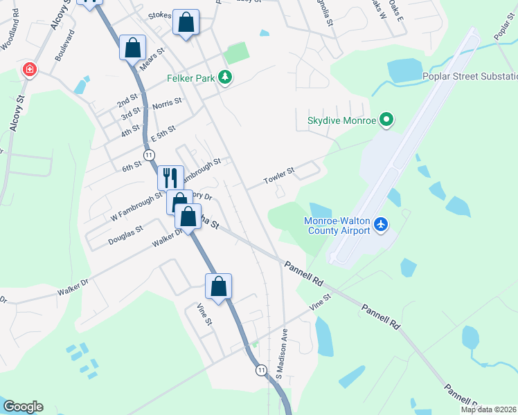 map of restaurants, bars, coffee shops, grocery stores, and more near 1215 South Madison Avenue in Monroe