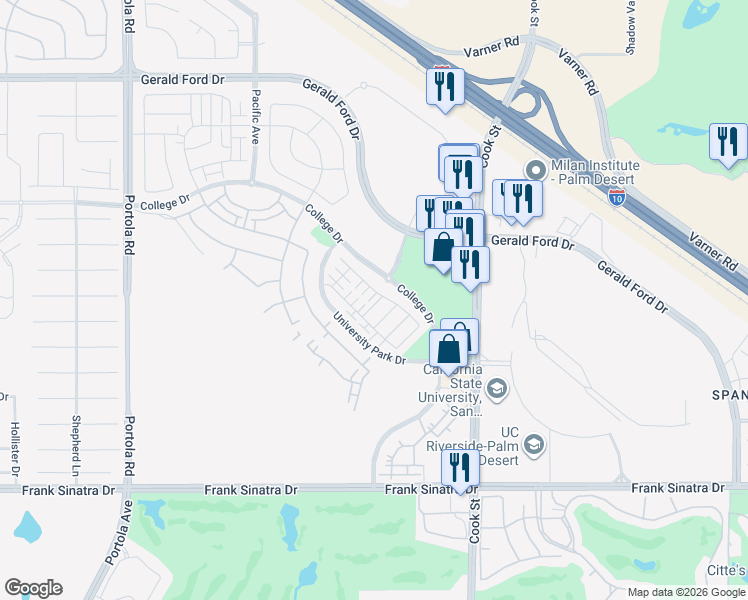 map of restaurants, bars, coffee shops, grocery stores, and more near 945 Technology Drive in Palm Desert