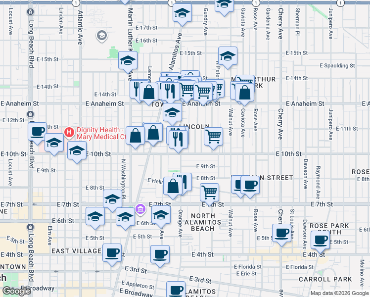 map of restaurants, bars, coffee shops, grocery stores, and more near 1010 Orange Avenue in Long Beach