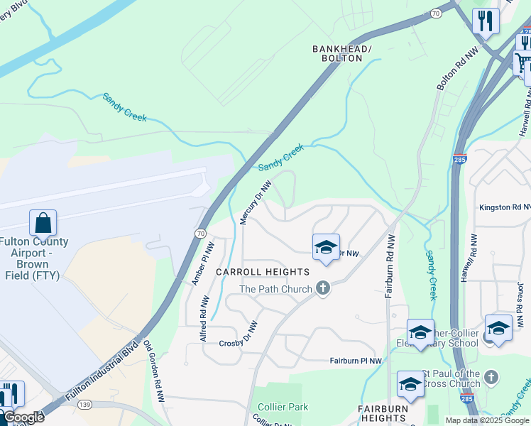 map of restaurants, bars, coffee shops, grocery stores, and more near 1076 Fairburn Road Northwest in Atlanta