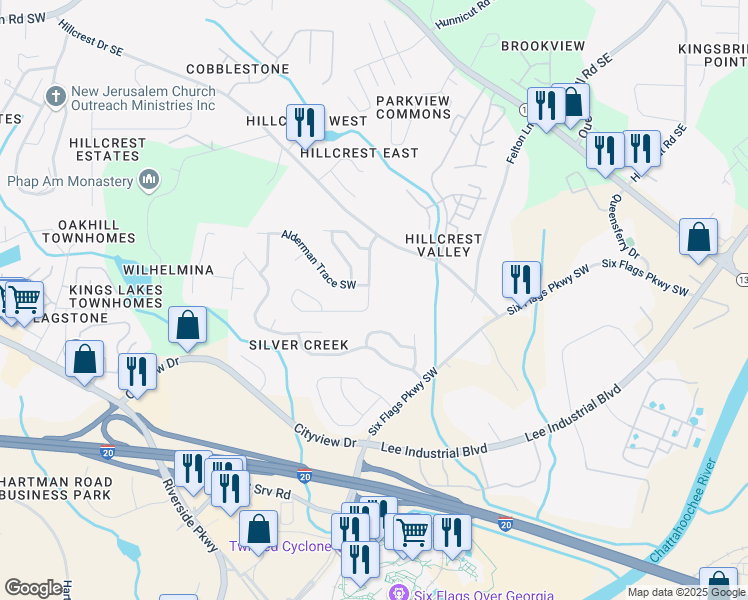 map of restaurants, bars, coffee shops, grocery stores, and more near 7021 Hillcrest Chase Lane in Austell