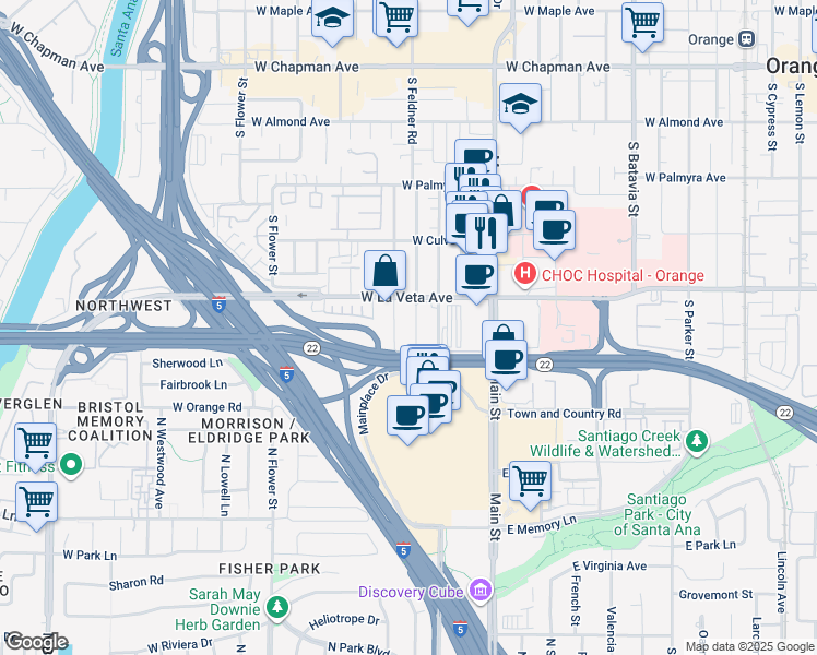 map of restaurants, bars, coffee shops, grocery stores, and more near 554 South Crest Road in Orange